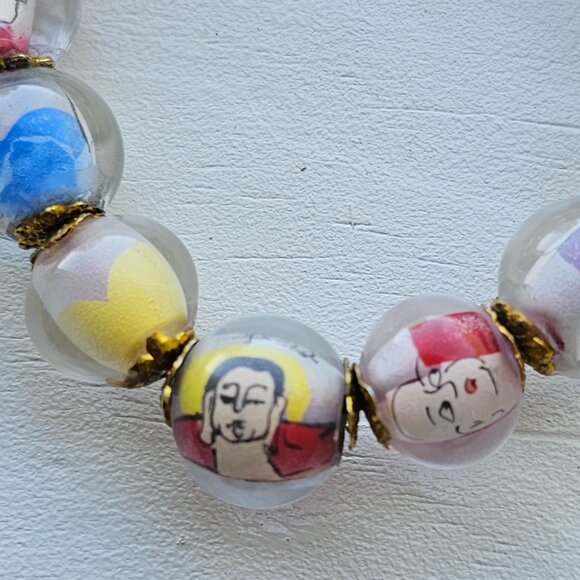 Vintage Chinese Reverse Painted Glass Buddha Beads on Stretch Bracelet - Picture 4 of 7